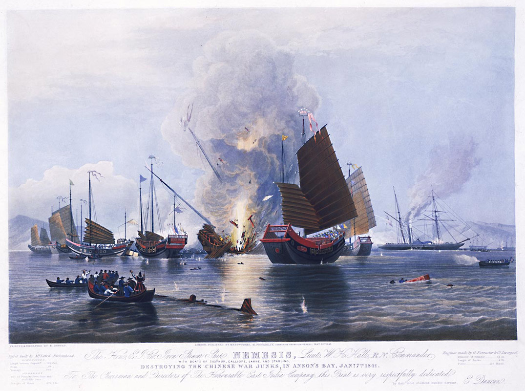 Kinesiske træskibe skydes i sænk af britiske kanonbåde i opiumskrigen
