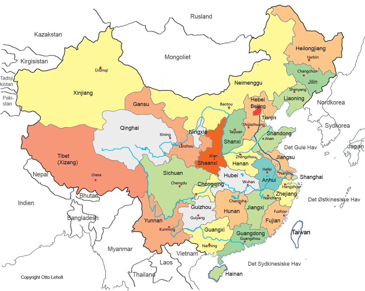 Kinas provinser og provinshovedstæder - tegnet af Otto Leholt